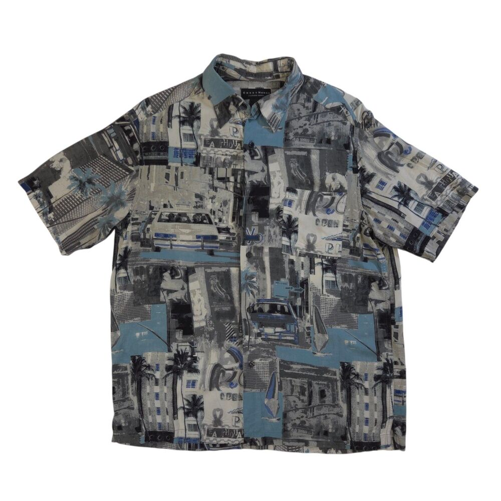 Crazy Horse Men's Button Up Shirt Large Blue Graphic Print Cityscape Sailboats